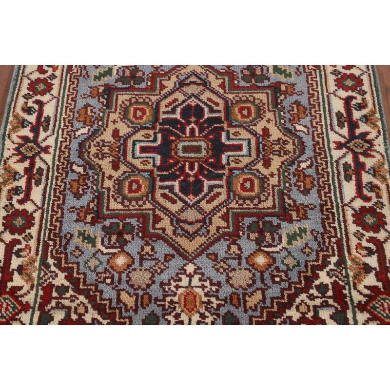 Geometric Blue Heriz Serapi Oriental Accent Rug Handmade Wool Carpet - 3'2" X 5'0"