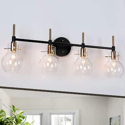4-Light 30" L Modern Black Gold Bathroom Vanity Lights Glass Wall Sconce Lighting - 30" L x 6.5" W x 10.5" H