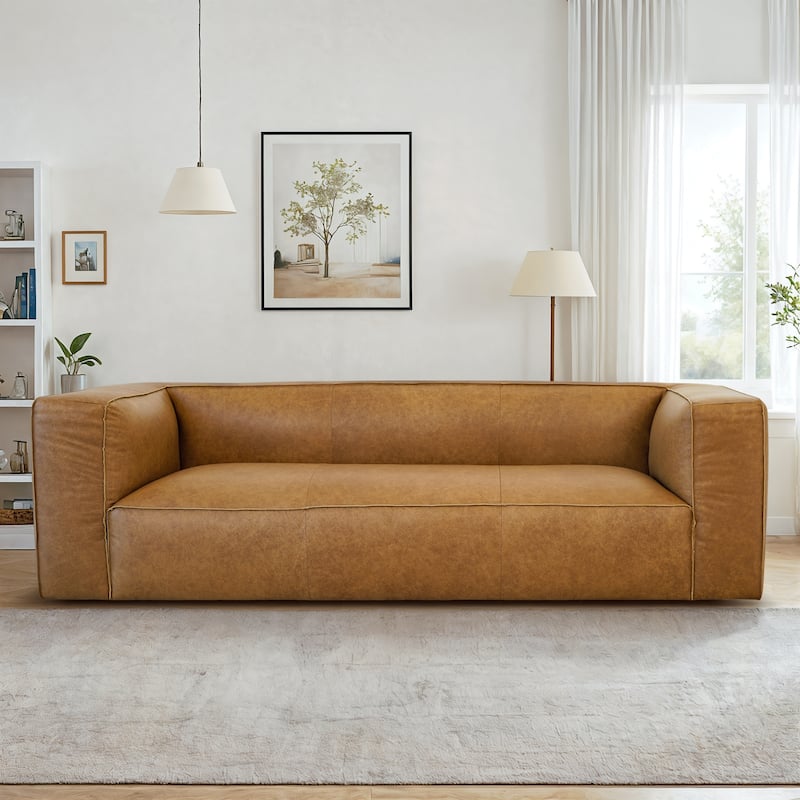 Empire Mid Century Modern Living Room Top Leather Couch in Tan - Tan