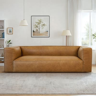 Empire Mid Century Modern Living Room Top Leather Couch in Tan
