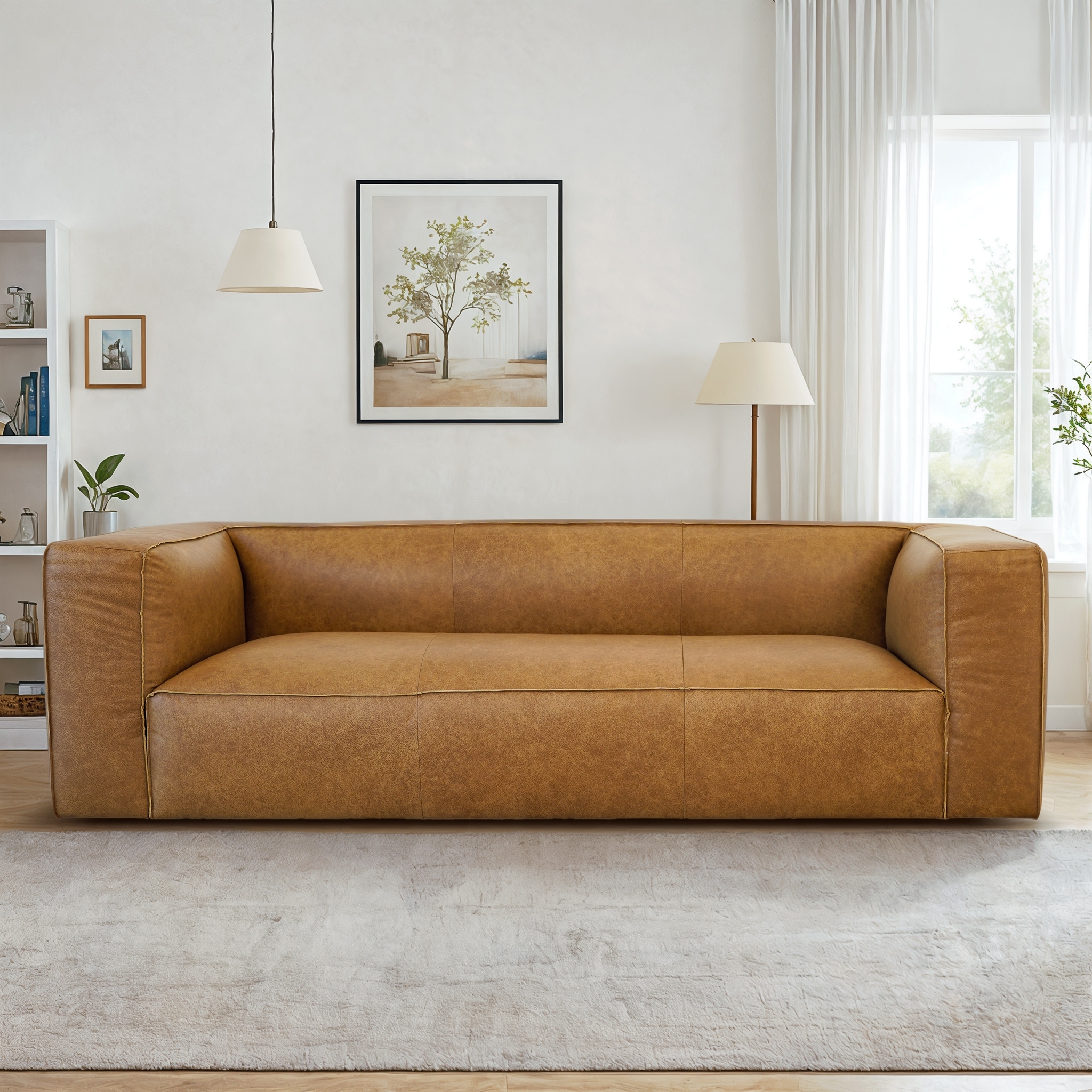 Empire Mid Century Modern Living Room Top Leather Couch in Tan