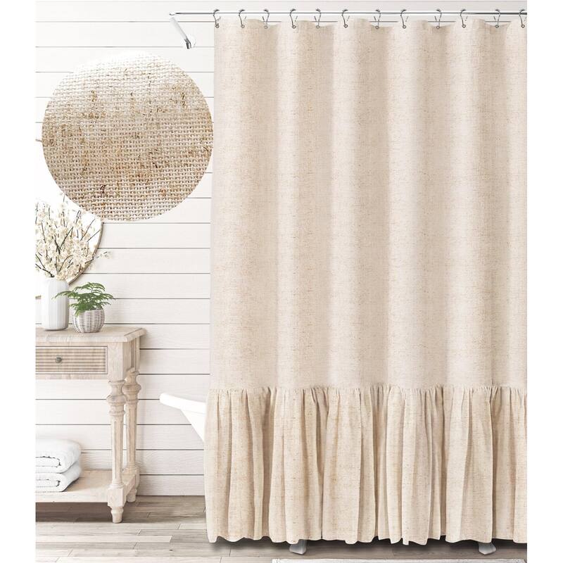 Linen Farmhouse Shower Curtain, Beige with Ruffle, 72"x72", 12 Hooks