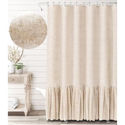 Linen Farmhouse Shower Curtain, Beige with Ruffle, 72"x72", 12 Hooks
