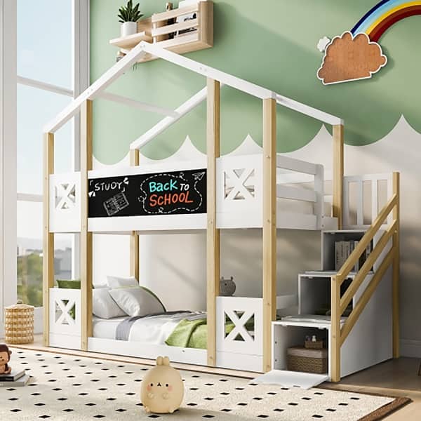 slide 2 of 7, Twin over Twin House Bunk Bed with Storage Staircase and Blackboards