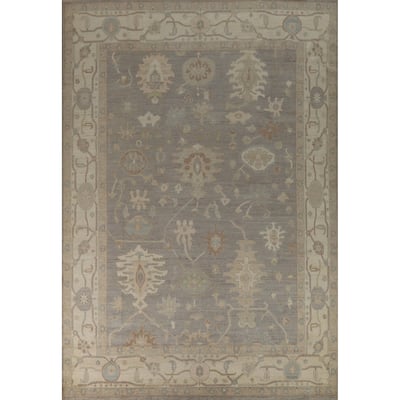 Vegetable Dye Grey Floral Oushak Turkish Rug Hand-Knotted Wool Carpet - 9'0" x 12'0"