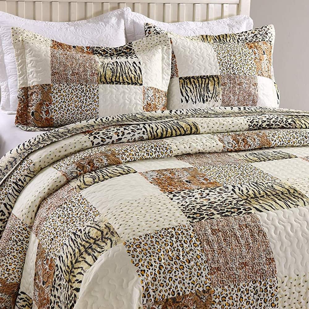 3 Piece Quilted Bedspread Leopard Print Set Bedding Animal Print King