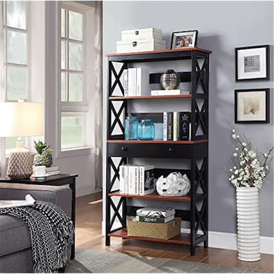 5-Tier Bookcase with Drawer and X-Pattern Sides for Books, Décor, and Concealed Storage - 31.5