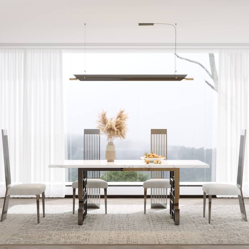Faux Mable Dining Table Set with White Boucle and High Back Chairs