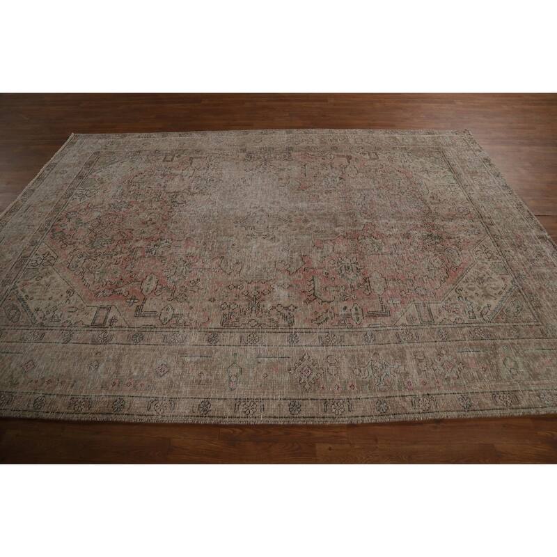 Pink Geometric Tabriz Persian Vintage Rug Hand-Knotted Wool Carpet - 6'8" x 9'2"