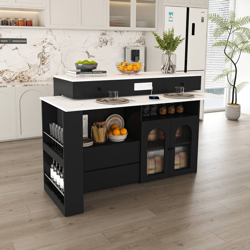 Kitchen Island with Extendable Rotating Table, 4 Drawers, Glass Doors & Built-in Socket