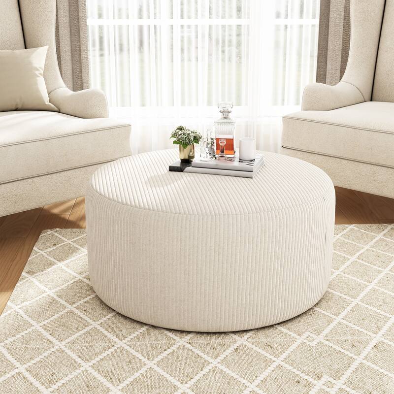 Upholstered Round Ottoman,Beige, Corduroy