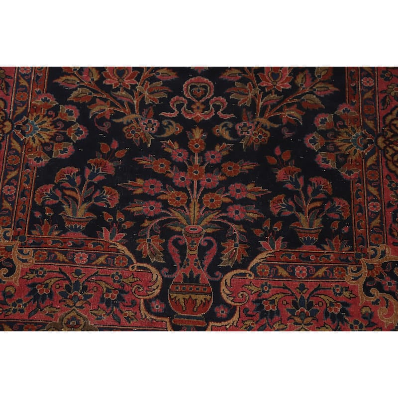 Hand Knotted Oriental 100% Wool Carpet Traditional Floral Navy Blue & Blues Kashan Area Rug - 4' 11'' X 3' 6''