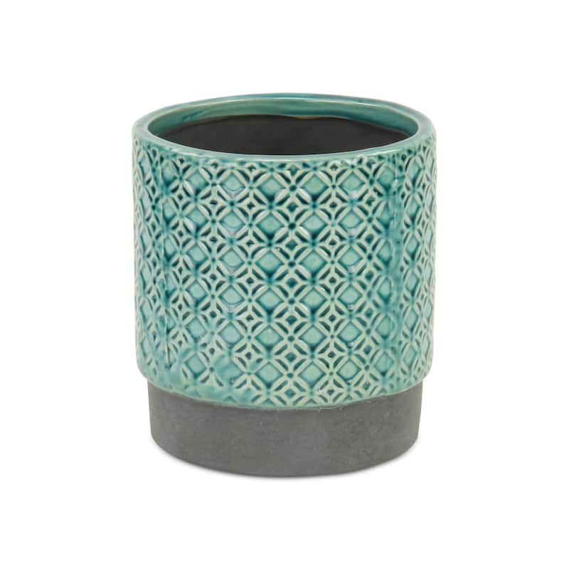 HomeRoots 6" Turquoise Geometric Ceramic Indoor Outdoor Round Pot Planter