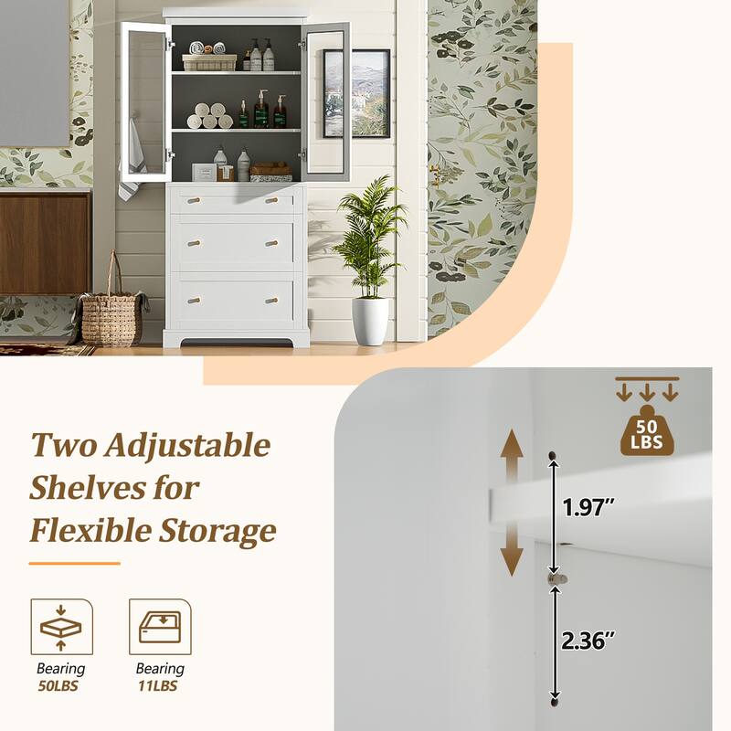 70.1" Modern Bathroom Cabinet with 3 Drawers & Glass Doors - Tall Storage with 2 Adjustable Shelves and Soft Close Mechanism