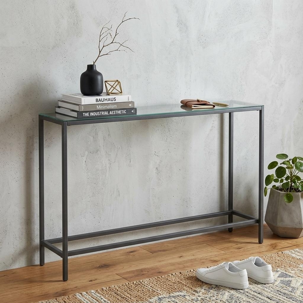 HomeRoots 56" Silver and Gunmetal Mirrored Glass and Metal Console Table - 56.00 in. x 30.00 in. x 8.00 in.