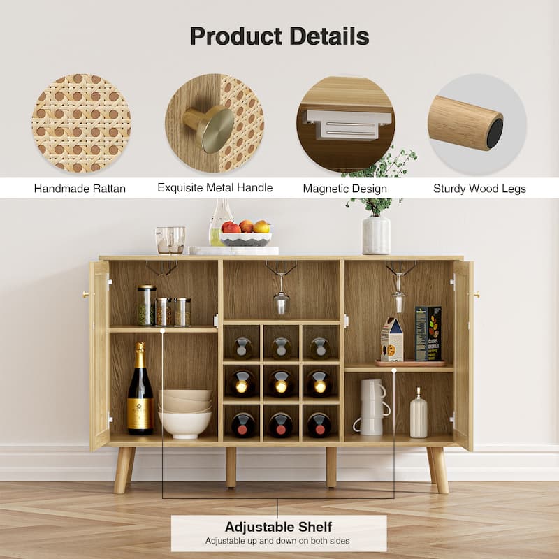 Anmytek Farmhouse Wood Rattan 2-Door Kitchen Buffet Sideboard Storage Wine Cabinet with Wine Rack and Glass Holder