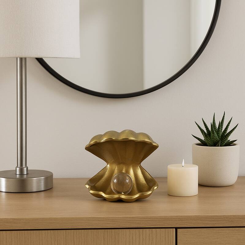 Metal Glass Figurine Clam Shape Pearl Detail Coastal Decor - 4.75"