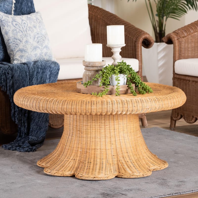 Avalon Natural Rattan Round Coffee Table with Scalloped Pedestal Base - Coastal Boho Wicker Accent Table