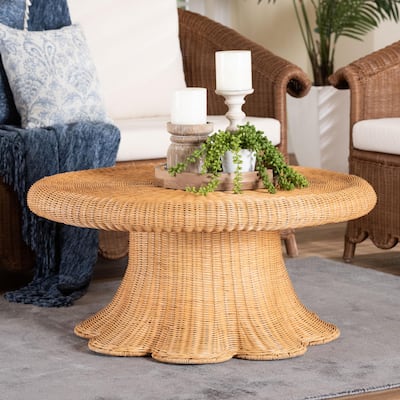 Avalon Natural Rattan Round Coffee Table with Scalloped Pedestal Base - Coastal Boho Wicker Accent Table