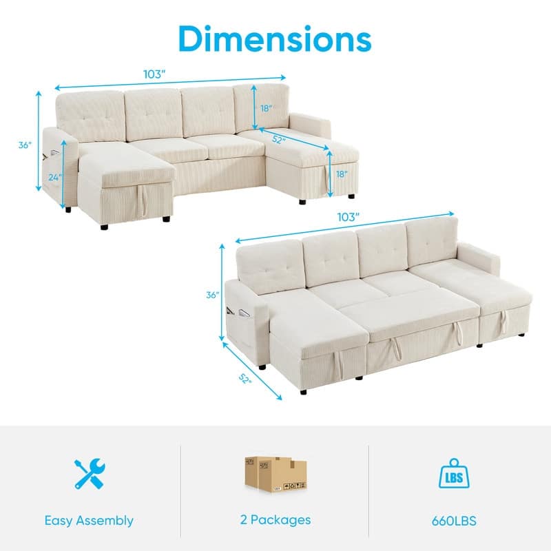 W103" Corduroy 4-Seater Modular Sleeper Sofa Bed with Storage Chaise,U-shaped Sofa with Pull-out Bed