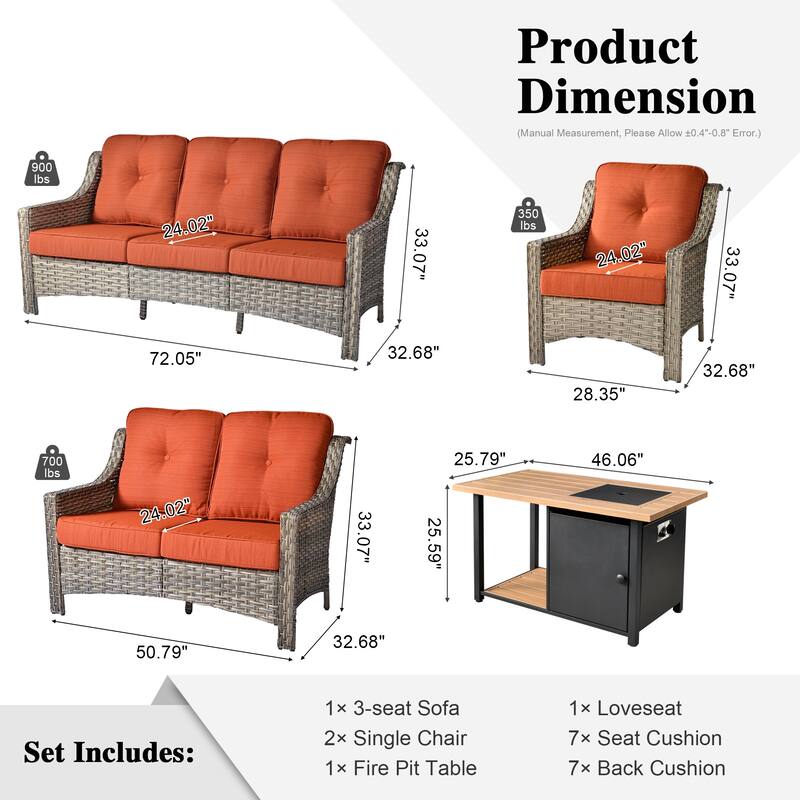 OVIOS 5-piece Patio Wicker Conversation Set With Fire Table