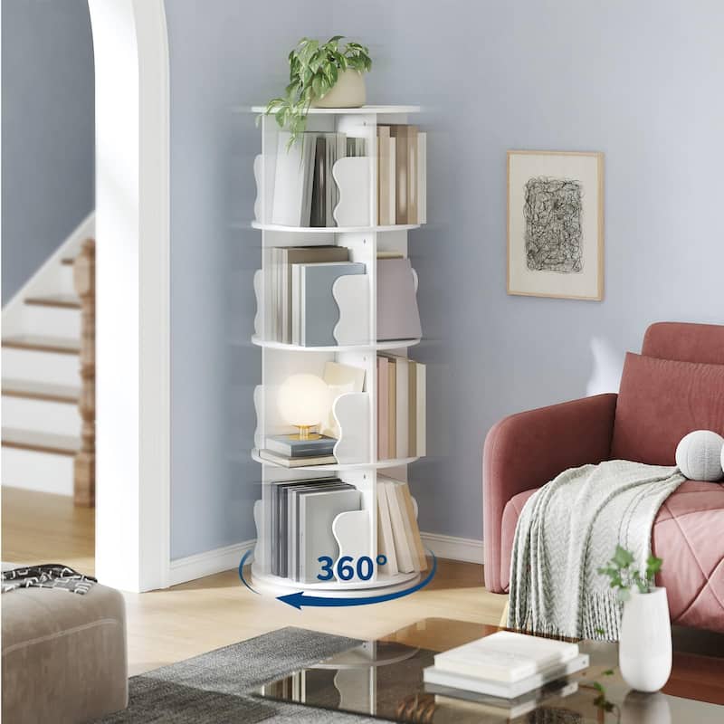 4 Tier Rotating Bookshelf Tower, Spinning Corner Bookshelf for Small Spaces, Revolving 360° Bookcase Storage Rack Tower - white
