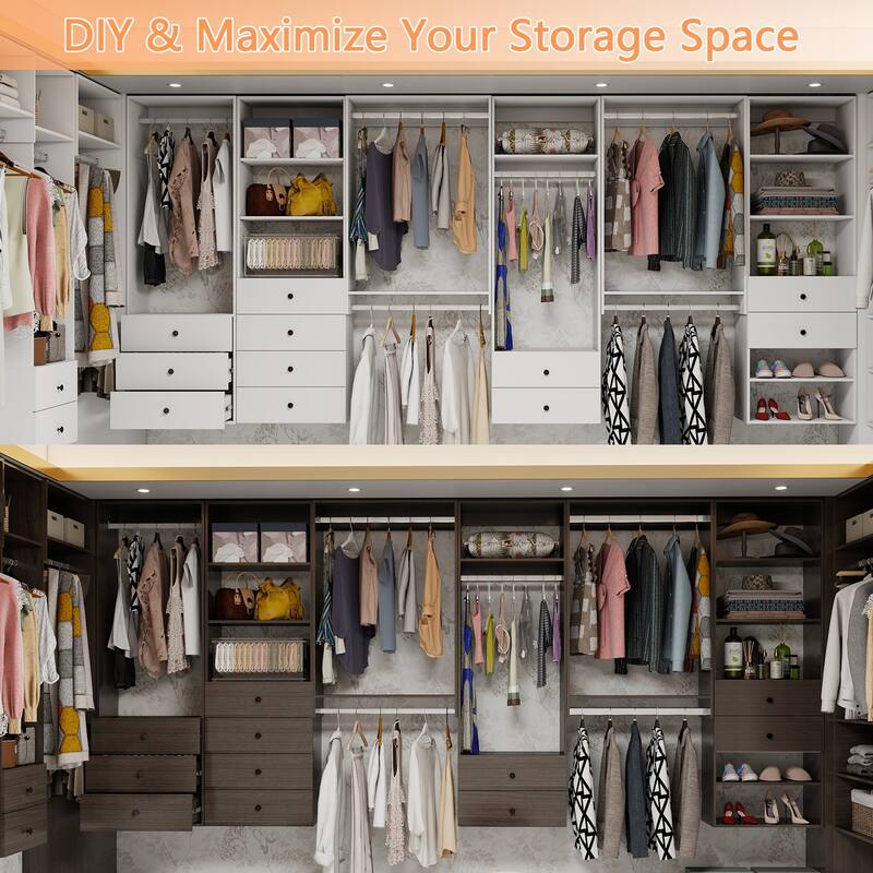 Modular Closet System Organizer with Hanging Rod and Adjustable Shelves, Wall-Mounted Walk in Closet Organizer with Drawers