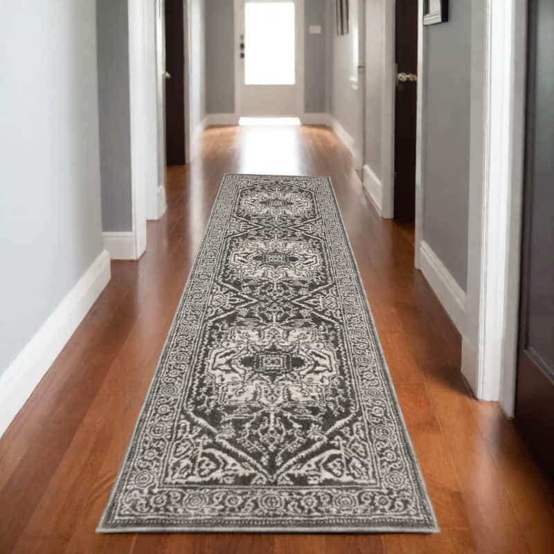 HomeRootsOriental Traditional Rectangle Area Rug - 90.55' X '26.77' X '0.39 - Ivory/Gray
