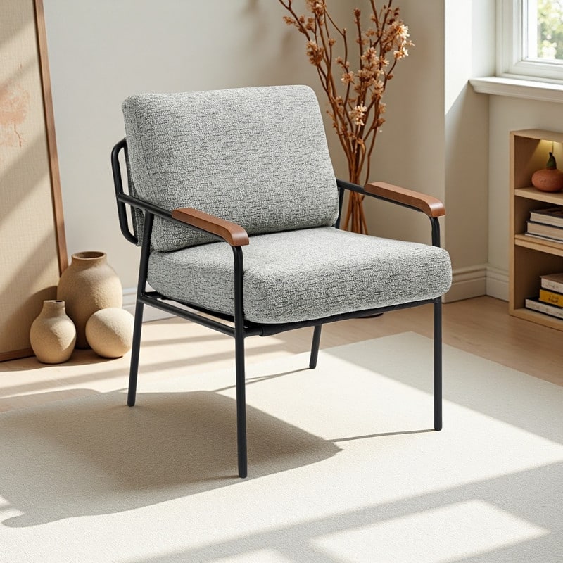 Fabric Accent Chair with Wood Armrests and Metal Frame - Grey
