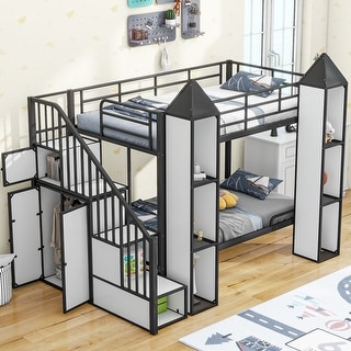 Metal Twin over Twin Castle-Shaped Bunk Kids Bed Frame with Wardrobe, Storage Staircase, Easy to Assemble, Black+White