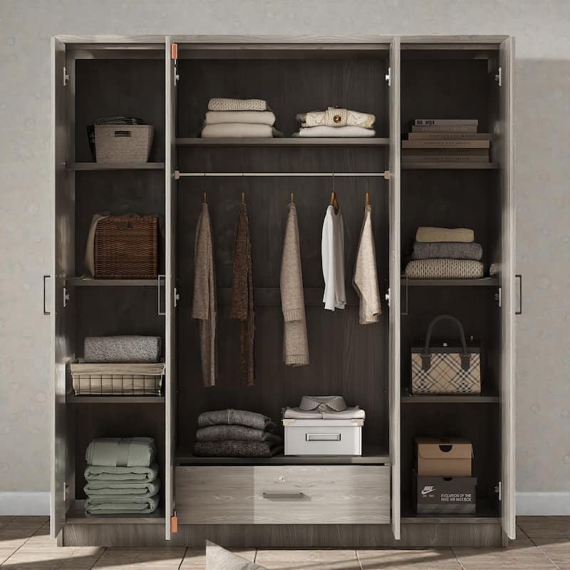 4 Door Wardrobe Closet with Drawer and Hanging Rail, Modern MDF Bedroom Armoire Storage Cabinet