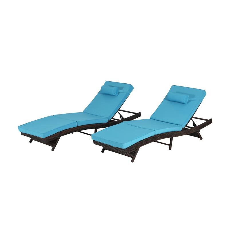 2 Piece Outdoor Wicker Long Reclining Chair Set, Sunbathing Recliner for Beach Poolside Garden