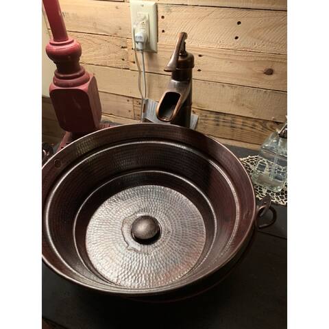 SimplyCopper Aged Copper 15" Round Copper Vessel BUCKET Bathroom Sink with Pop-Up Drain - 15" x 15" x 6"
