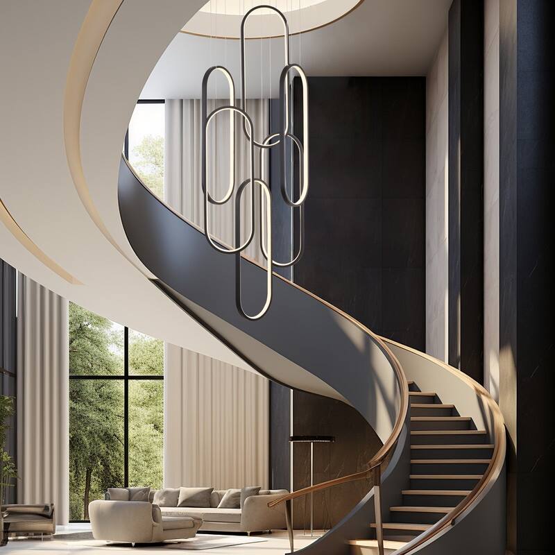 Modern Chandelier 6 Ring Adjustable Height Long Staircase LED Chandeliers Foyer Ceiling Light