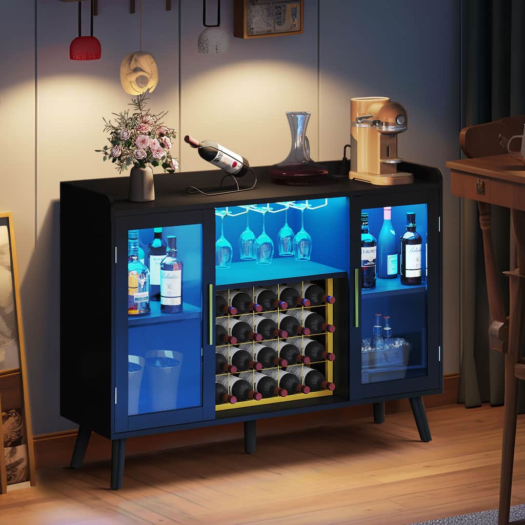 53" Wine Bar Cabinet Coffee Bar Cabinet for Liquor and Glasses with Led Lights & Power Outlets