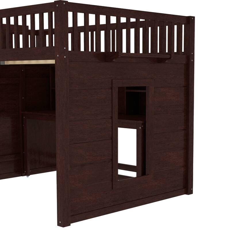 Full Size loft bed with movable desk and storage shelf, featuring storage stairs