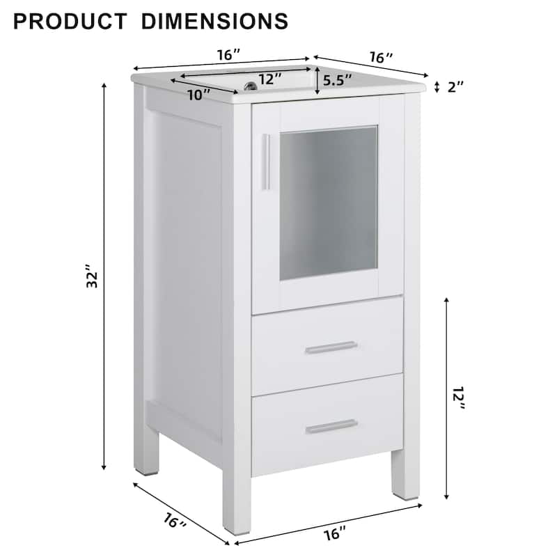 16" Bathroom Vanity Combo with Drop in Ceramic Sink Small Vanity Cabinet Set with 1 Door & 2 Drawers