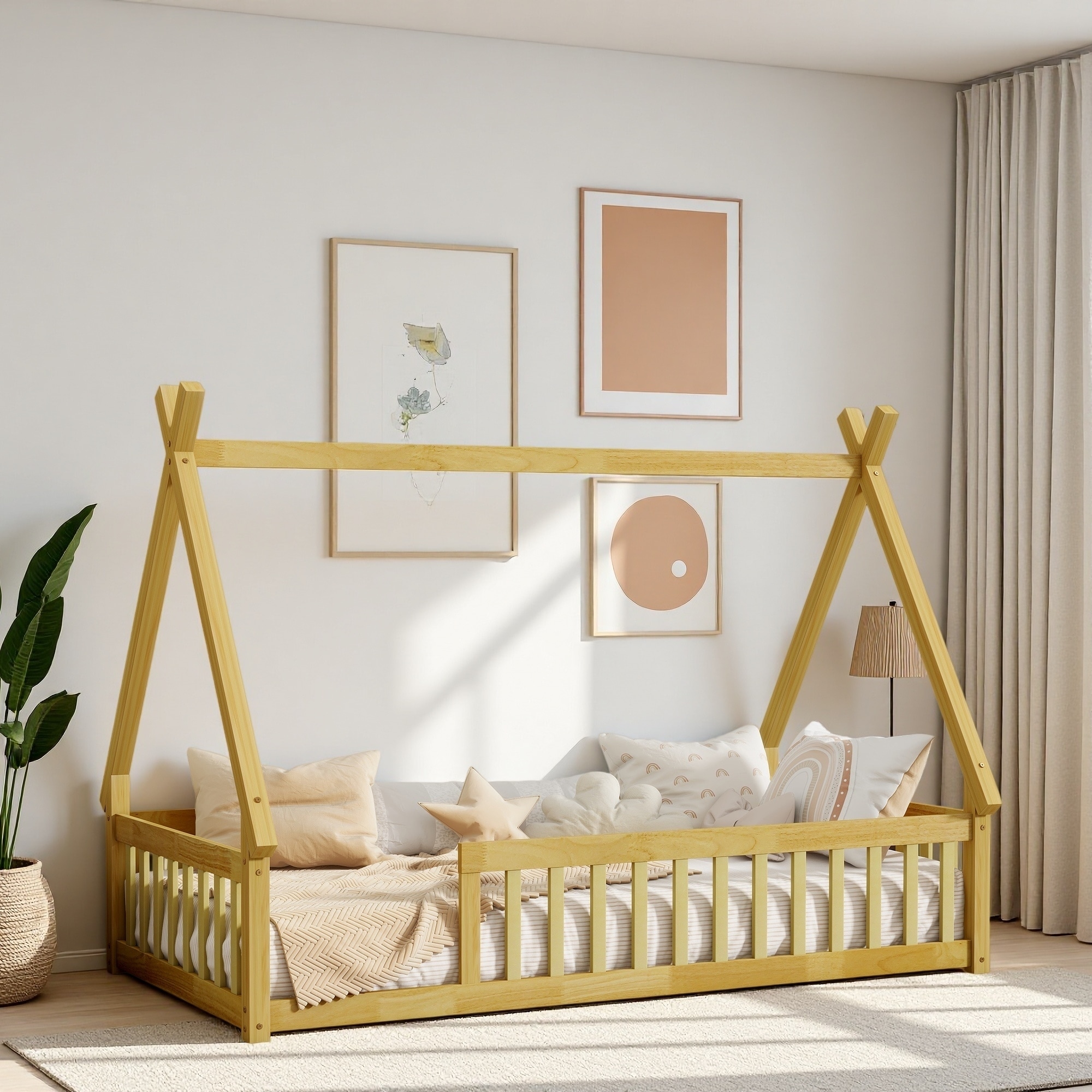 Twin Size Rubberwood Tent-Shaped Floor Low Profile Bed with Guardrails, and Slats