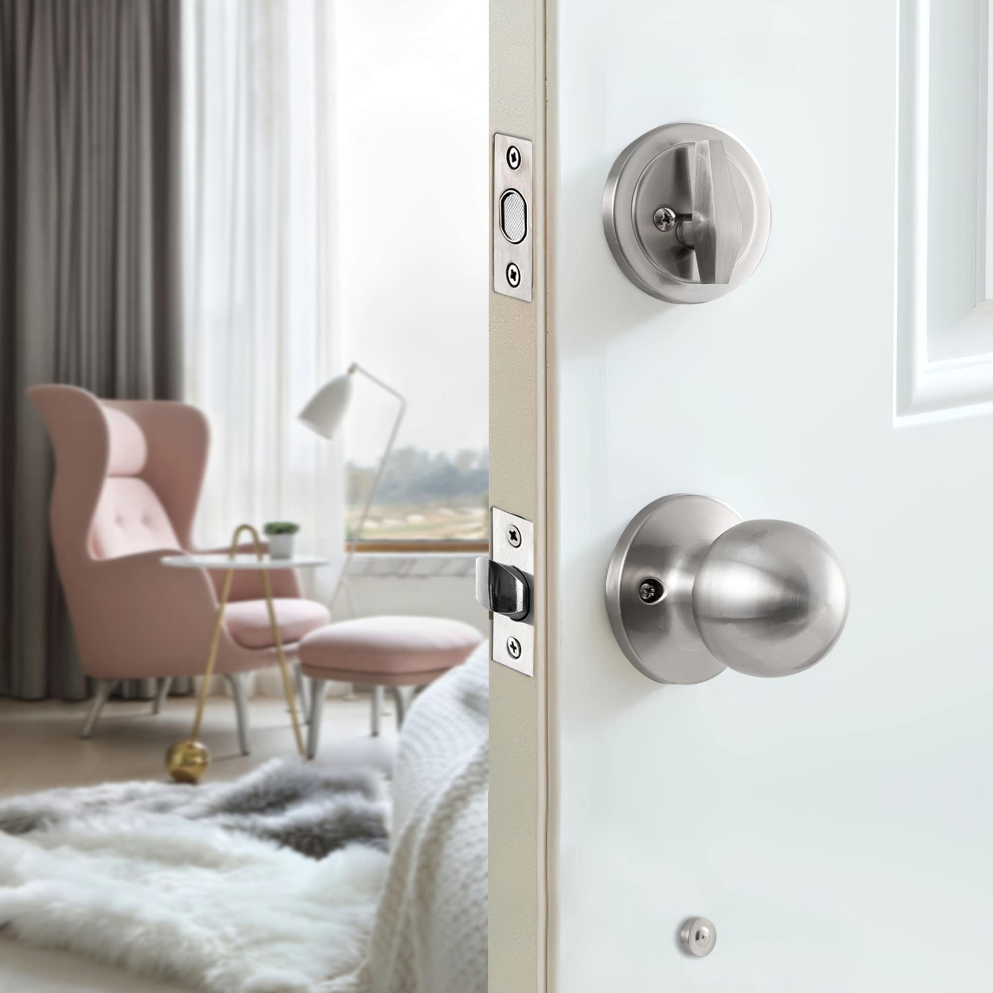 Front Door Satin Nickel Split Hexagonal Handle Door Lock Set