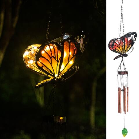 Adeco Solar Wind Chimes for Outside Metal Butterfly LED Hanging Solar Lights