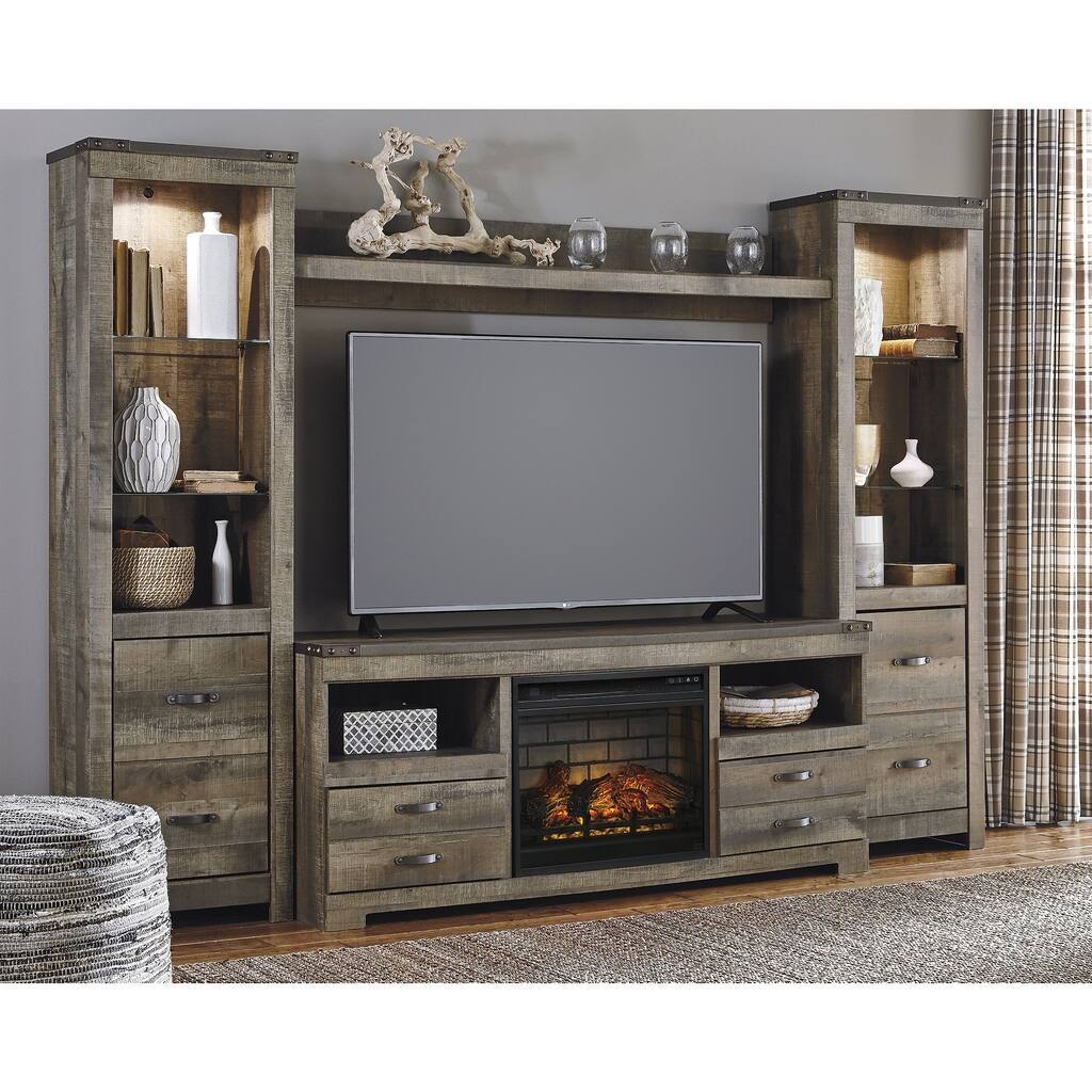 Signature Design by Ashley Trinell Brown 4-Piece Entertainment Center with Electric Fireplace - 104.5"W x 20.75"D x 73.25"H