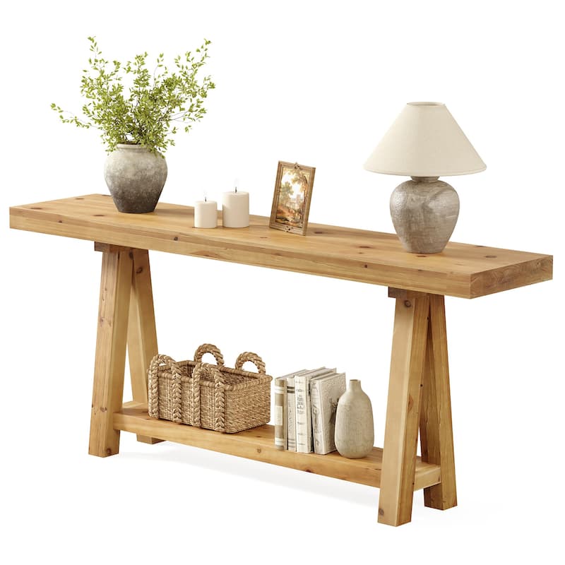 70.87-Inch Solid Wood Console Table with Shelves for Entryway