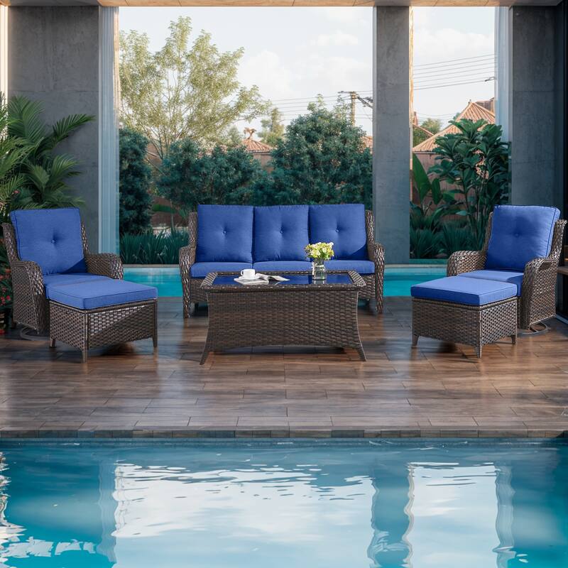 6 Piece Set with Sofa Swivel Chair Ottoman - Brown - Blue