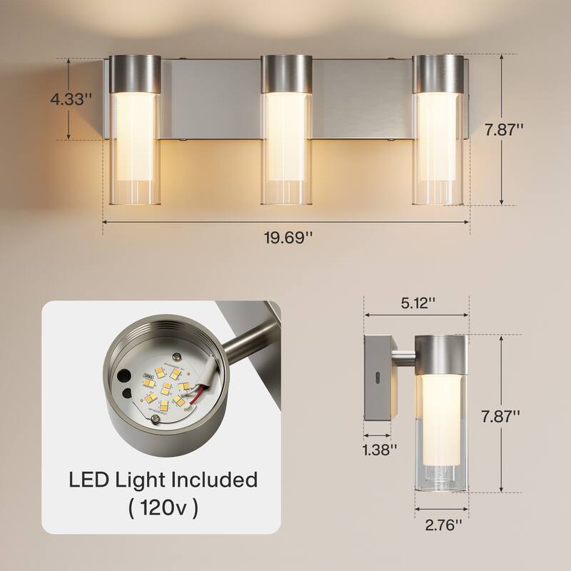 3-Light Vanity Lights Over Mirror, Wall Sconces with Clear Glass Shades for Bathroom Hallway Bedroom