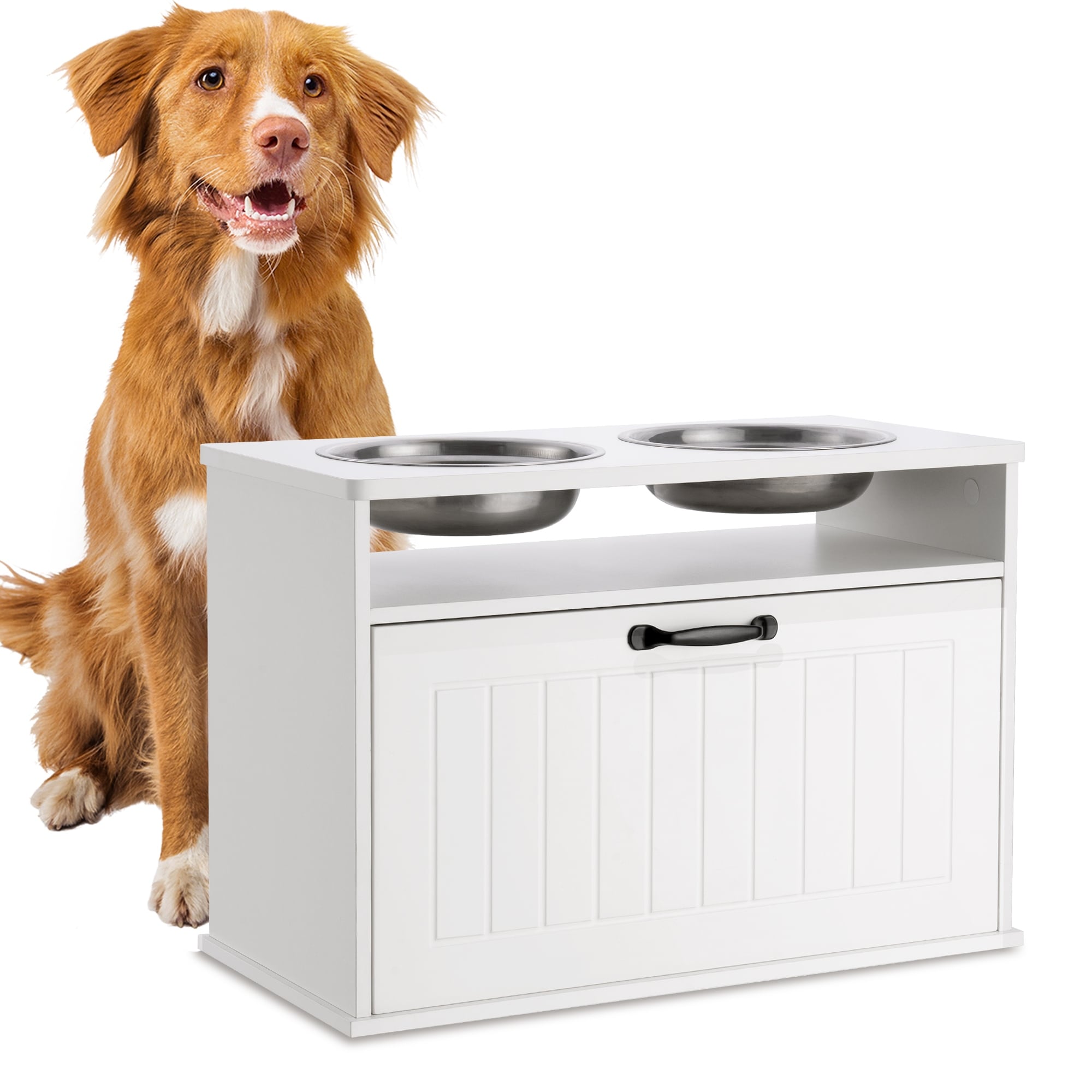 Elevated Dog Feeding Station with Storage with 2 Stainless Steel