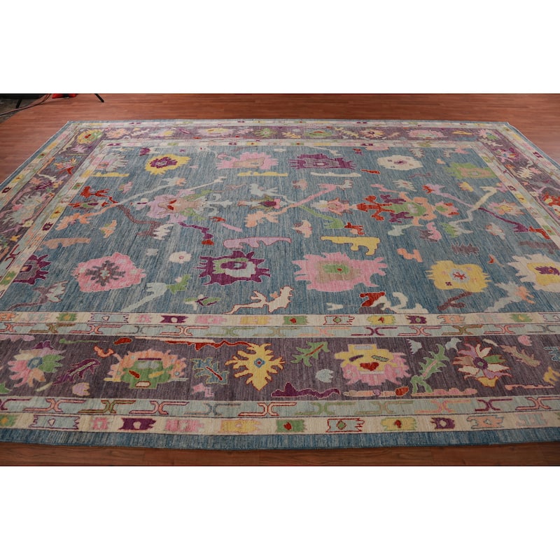 Hand Knotted Oriental 100% Wool Carpet Transitional All-Over Navy Blue & Blues Oushak Area Rug - 14' 1'' X 10' 3''