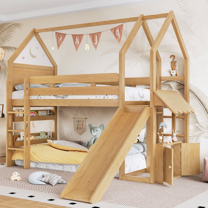 Twin Loft Bed with Slide, Bookshelf & House-Shaped Design for Kids