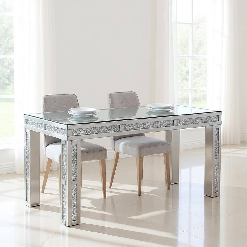 HomeRoots 31" Silver Mirrored Glass And Faux Crystal Dining Table - 51.18 in. x 30.12 in. x 31.50 in. - Silver - 51.18 in. x 30.12 in.  x 31.50 in.