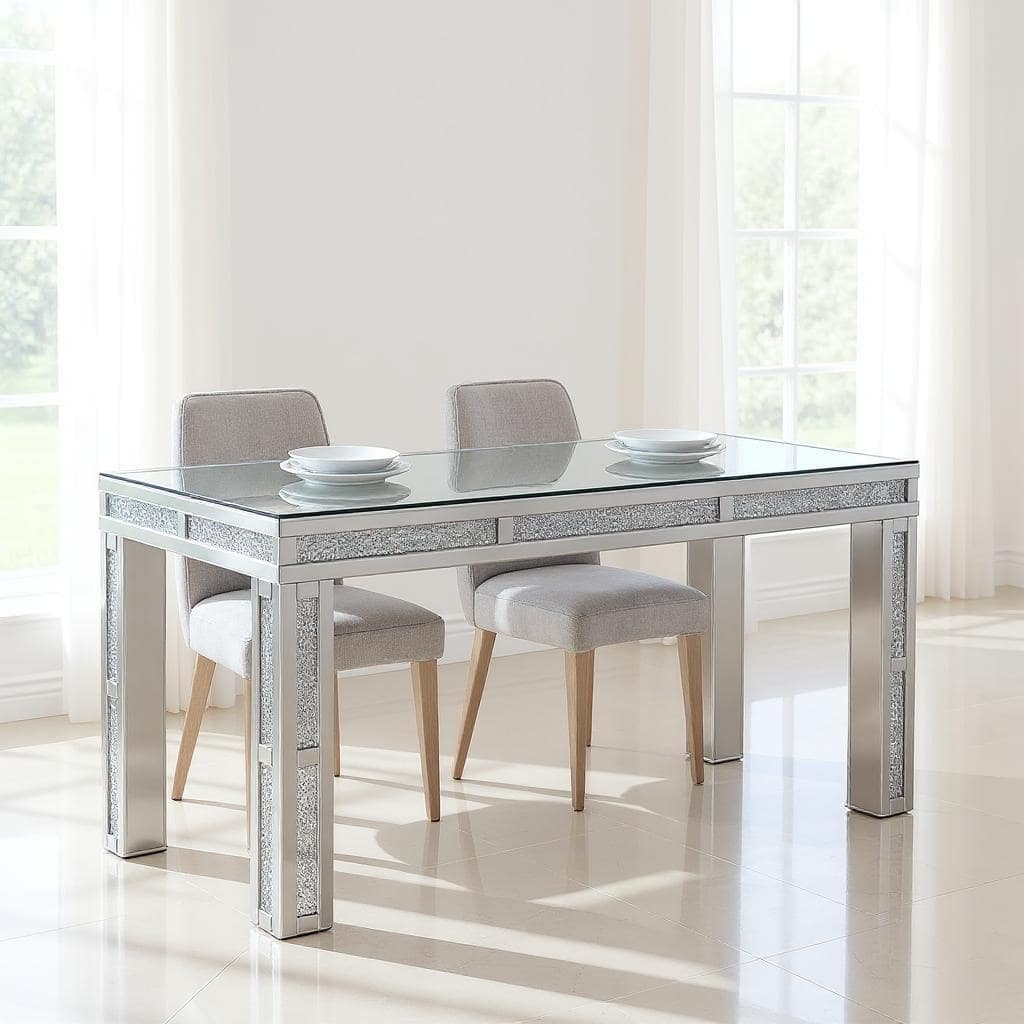 HomeRoots 31" Silver Mirrored Glass And Faux Crystal Dining Table - 51.18 in. x 30.12 in. x 31.50 in.