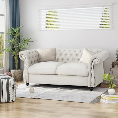 Beige Chesterfield Loveseat Button Tufted Sofa with Nailheads